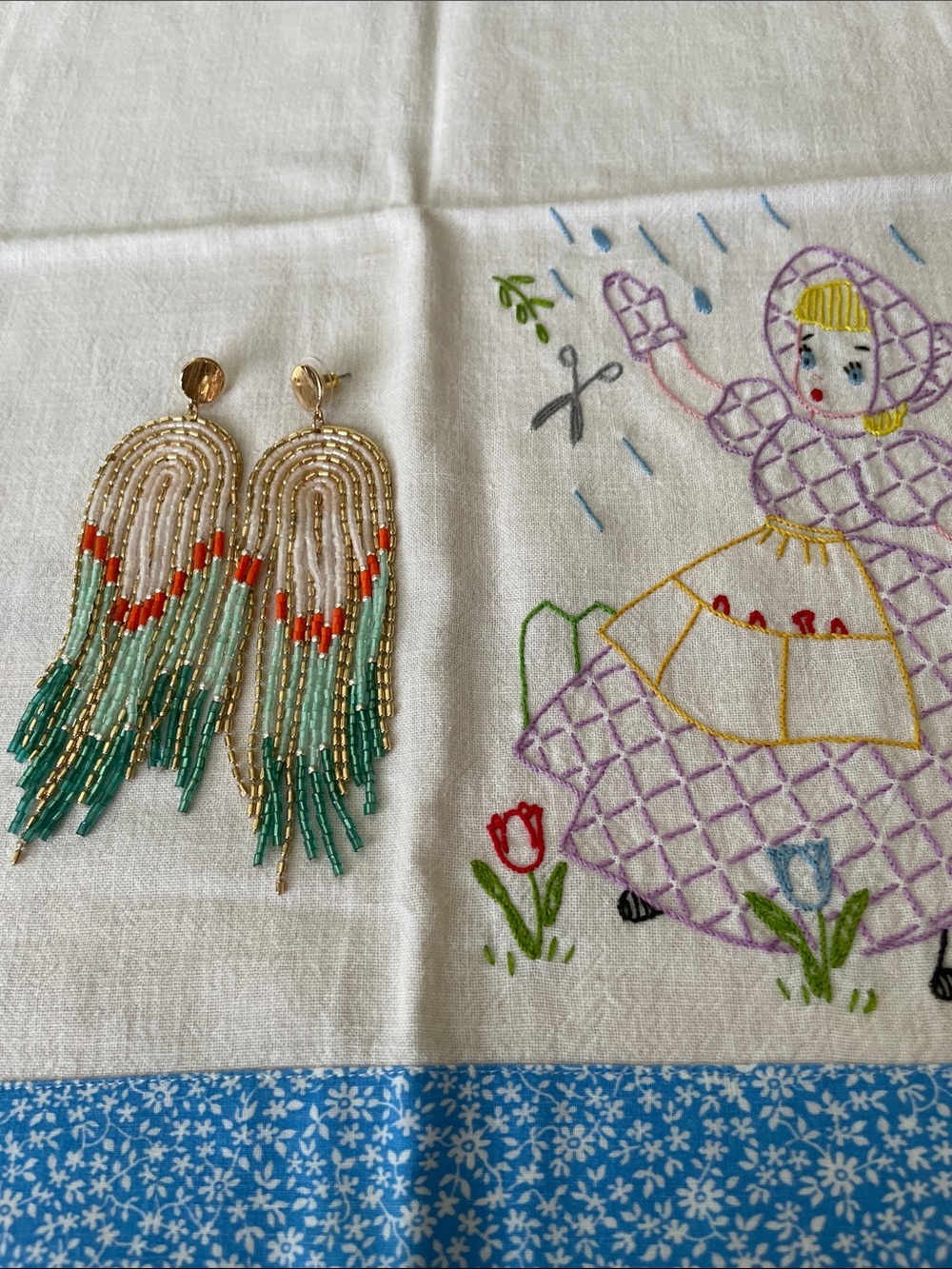 Beaded New Fringe Statement Earrings - Teal, Coral & Gold